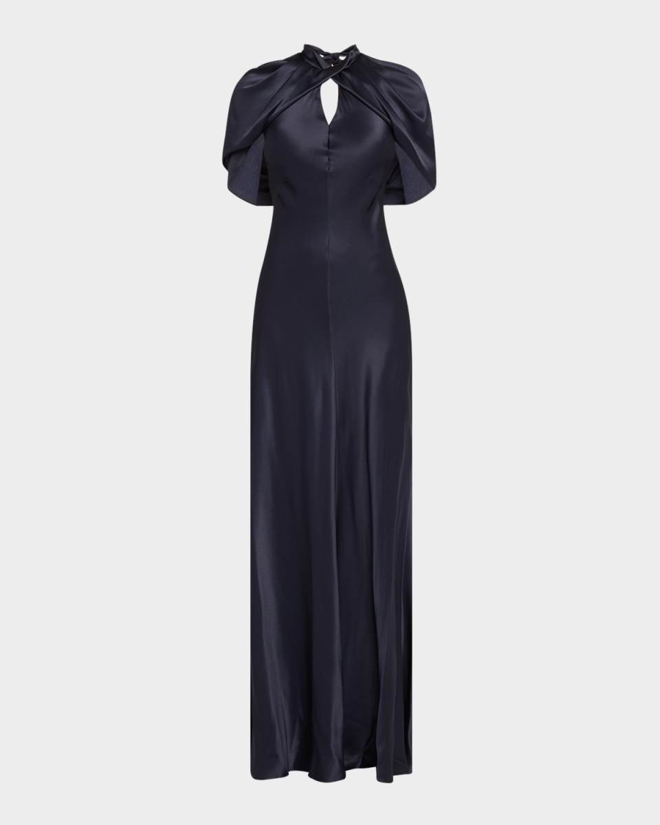 Twisted Cape-Sleeve Open-Back Satin Gown